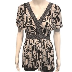 Studio 1940 Black White Abstract Flutter Sleeve V-Neck Stretch Blouse‎ Size M